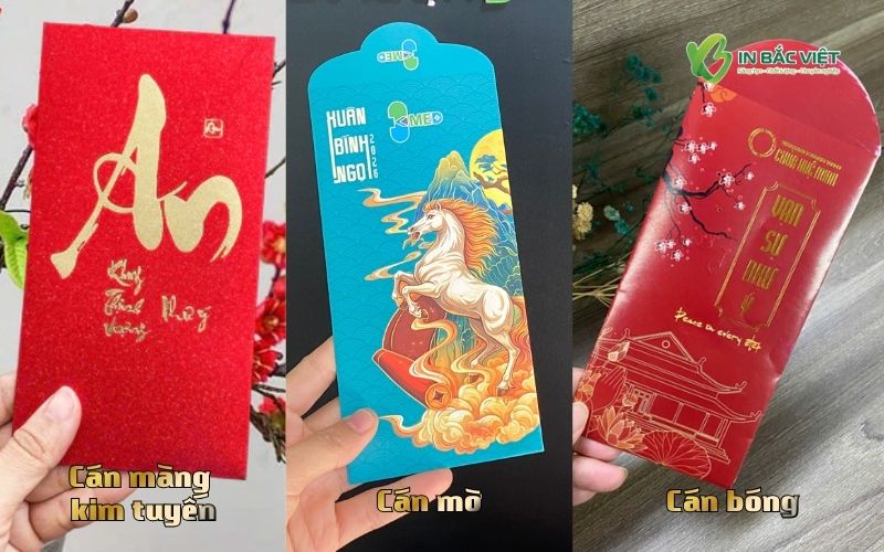 So sánh lì xì cán màng kim tuyến cát, màng mờ và màng bóng trong in bao lì xì Tết