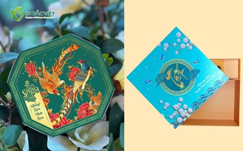 Vỏ hộp quà Tết màu xanh bắt mắt, thiết kế hiện đại và nổi bật