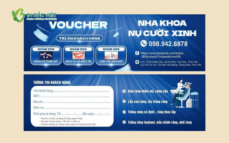 Phiếu tri ân khách hàng nha khoa thiết kế trước sau sang trọng