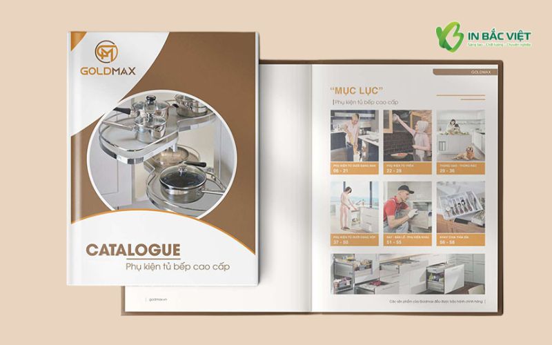 Mẫu catalogue khổ A5 đứng giới thiệu phụ kiện tủ bếp thiết kế gọn gàng, bố cục khoa học