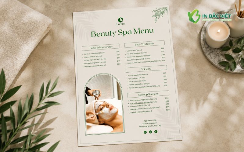 Beauty Spa Menu tiếng Anh thiết kế tối giản và tinh tế