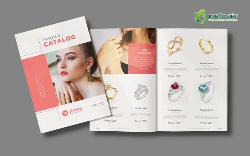 Catalogue trang sức in trên giấy mỹ thuật với thiết kế tinh tế và bố cục sản phẩm rõ ràng