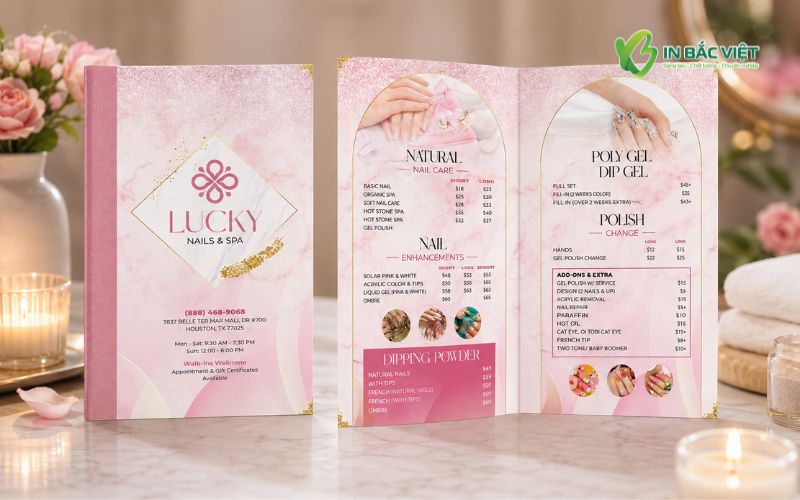 Thiết kế Menu Spa tone hồng pastel hiện đại cho Nail & Beauty
