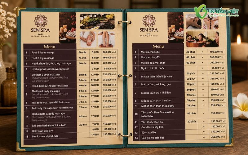 Mẫu Menu dịch vụ Spa bìa còng cao cấp, bố cục chuyên nghiệp