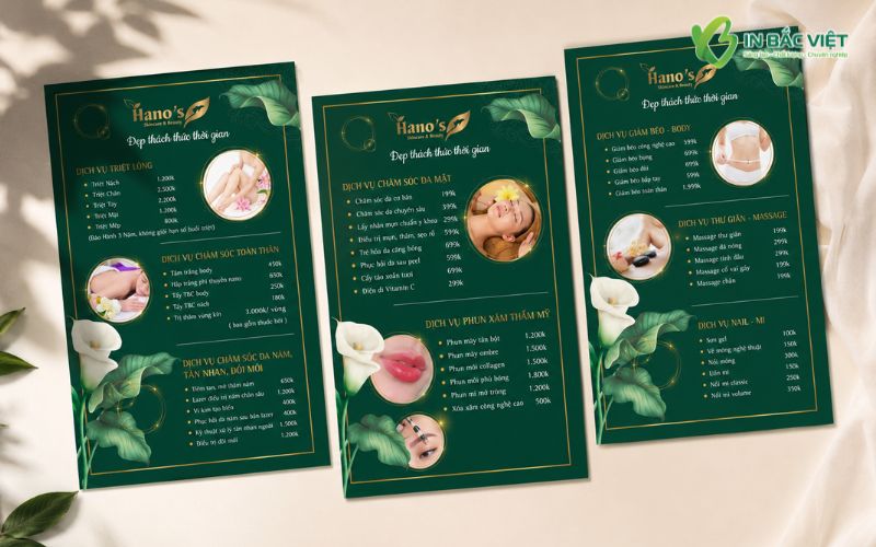 Menu Spa A5 thiết kế đồng bộ nhận diện thương hiệu làm đẹp