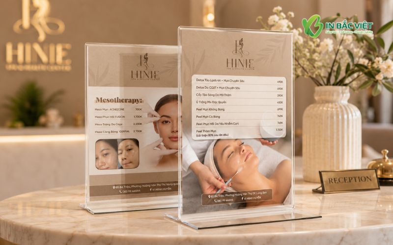 Menu Spa chăm sóc da bảng mica chữ T để bàn tiện lợi