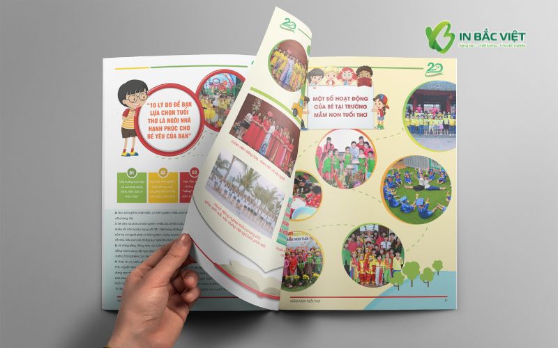 Thiết kế catalogue trường học sinh động với hình ảnh thực tế của học sinh và hoạt động ngoại khóa
