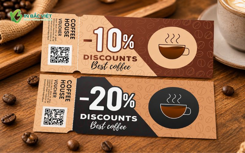 Mẫu Voucher giảm giá cà phê dạng rãnh xé tích hợp mã QR tiện lợi
