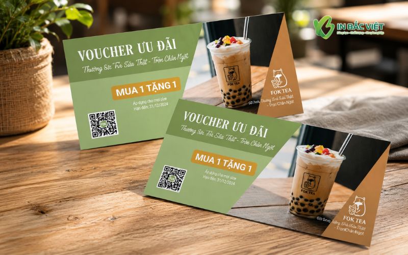 Mẫu Voucher trà sữa mua 1 tặng 1 tích hợp mã QR thu hút khách hàng