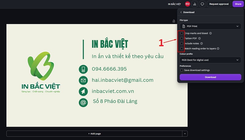 Tích chọn Crop marks and bleed trên Canva