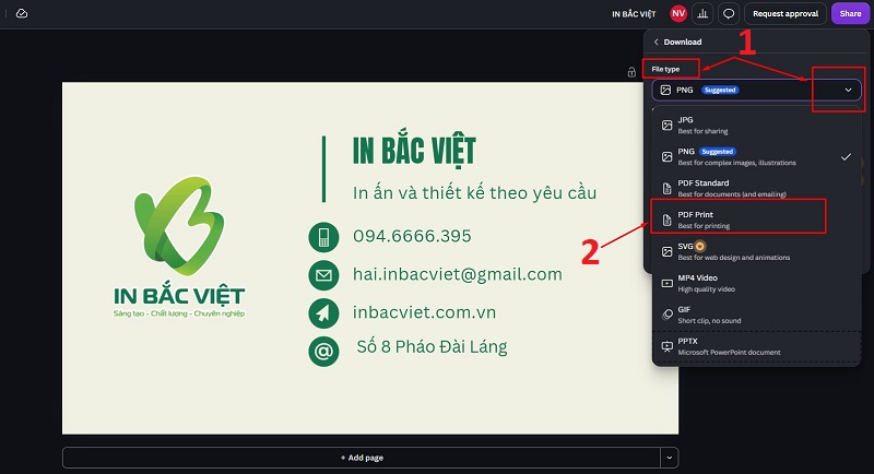 Chọn định dạng PDF Print trên Canva để xuất file in ấn chất lượng cao