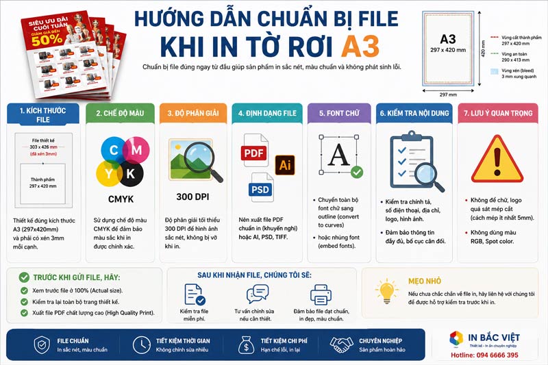 Infographic hướng dẫn chuẩn bị file in tờ rơi A3 đúng kích thước, chế độ màu CMYK, độ phân giải 300dpi, định dạng PDF và các lưu ý trước khi in.