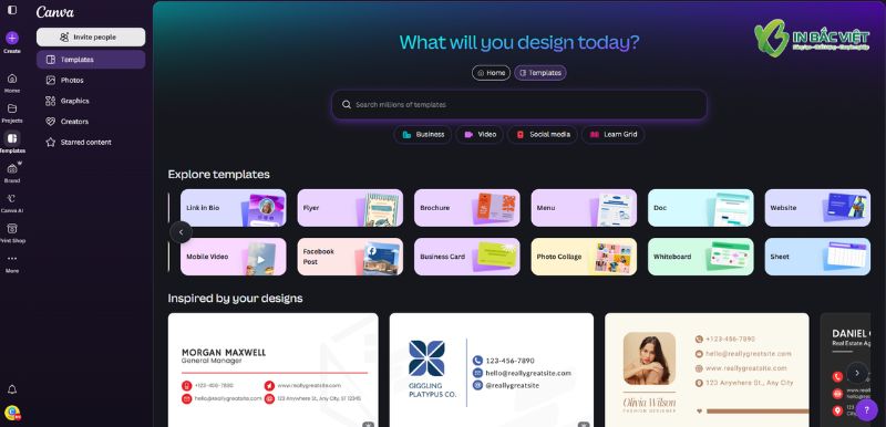Thiết kế ấn phẩm in ấn bằng Canva như card visit, brochure, menu, poster, voucher