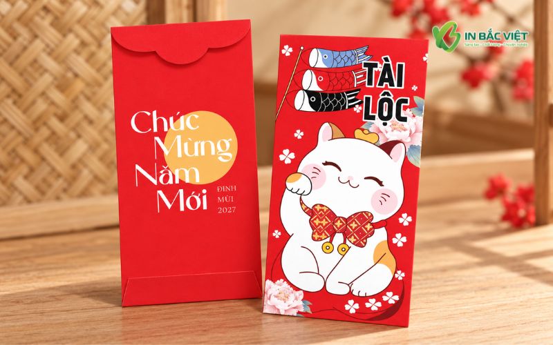 Bao lì xì đỏ hình mèo Thần Tài thu hút tài lộc
