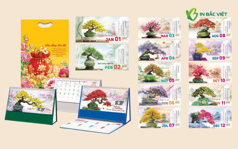 In lịch Tết 2027 chữ A, chữ M chủ đề bonsai