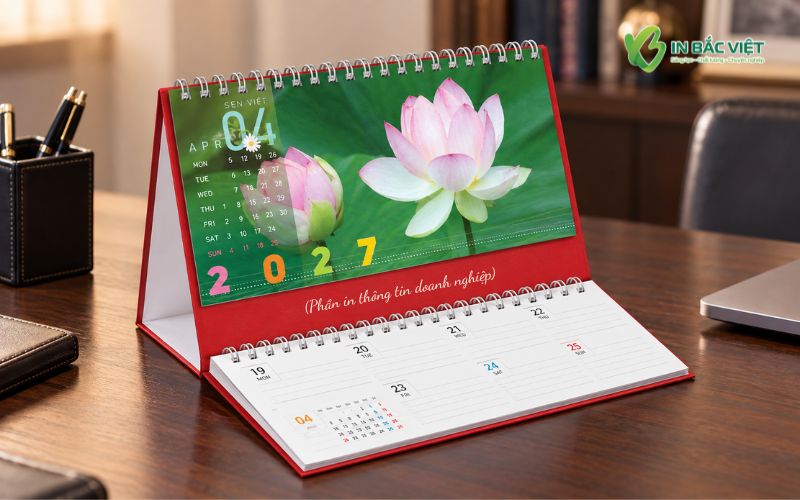 Mẫu lịch để bàn 2 lò xo chủ đề hoa sen với phần lịch kế hoạch phía dưới