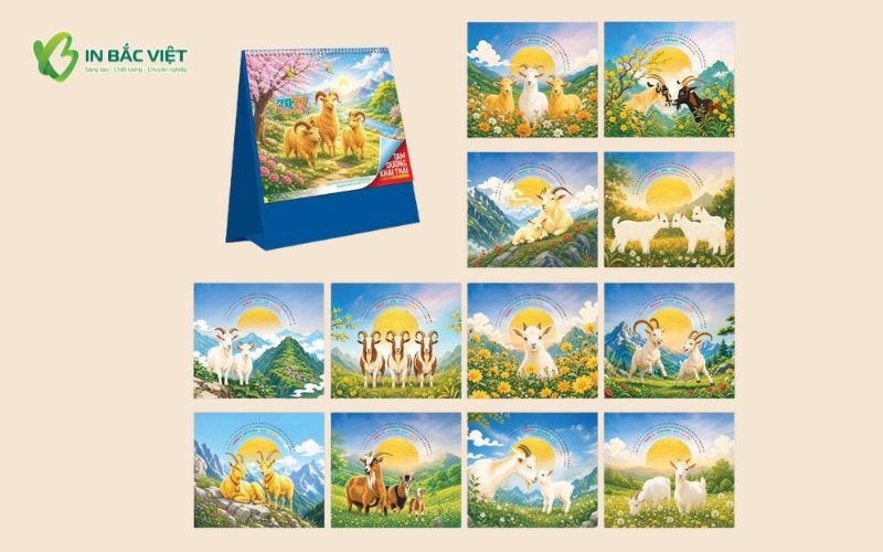 Mẫu lịch để bàn chữ A đế xanh chủ đề Tam Dương Khai Thái