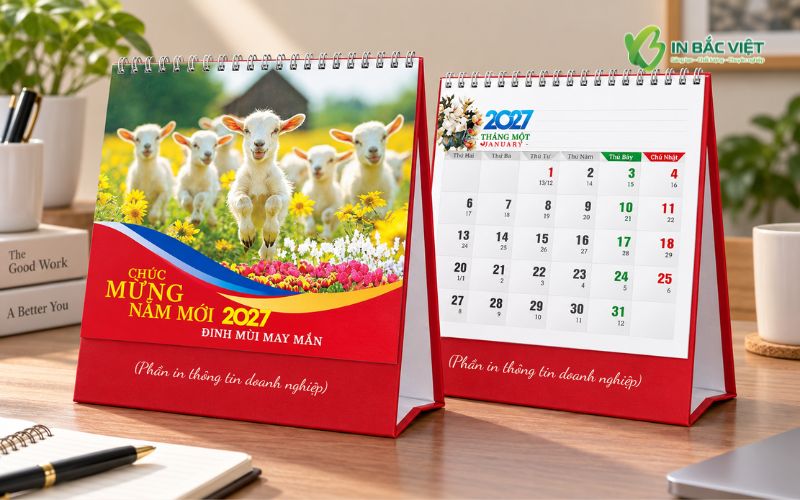 Mẫu lịch để bàn chữ A Xuân Đinh Mùi 2027 thiết kế đế đỏ và lò xo