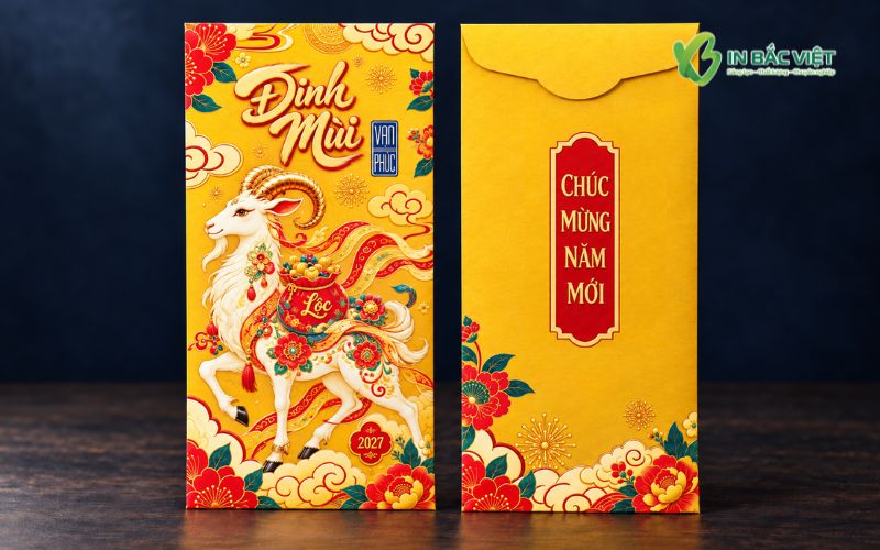 Phong bao lì xì vàng 2027 in hình linh vật dê Đinh Mùi