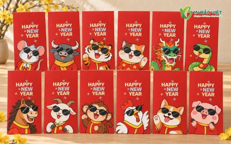 Set lì xì 12 con giáp phong cách vui nhộn, nhiều màu sắc