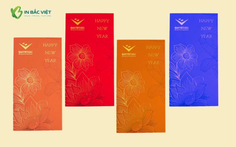 Bộ bao lì xì ép kim màu đỏ, cam và xanh cho doanh nghiệp