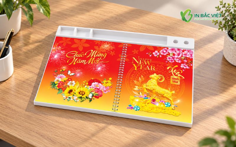 Lịch bàn đế nhựa lò xo giữa màu trắng Xuân Đinh Mùi 2027