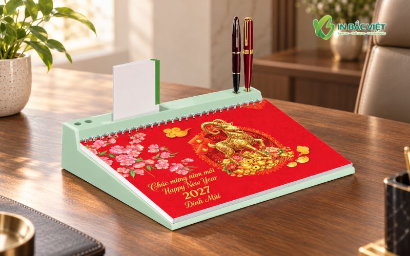 Lịch để bàn đế nhựa màu xanh bán sẵn phù hợp làm quà tặng Tết