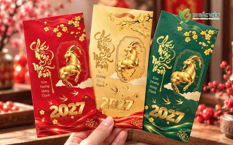 lì xì 2027 màu đỏ, vàng, xanh hình con dê ấn tượng