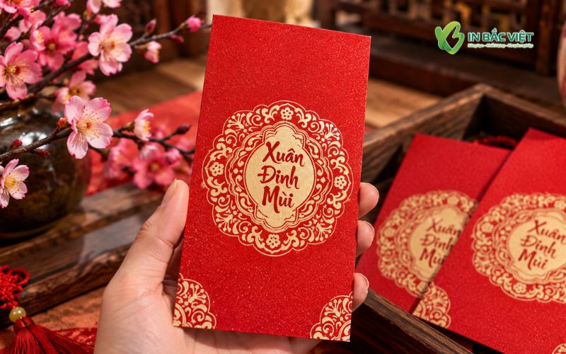 Mẫu bao lì xì chúc mừng năm mới in giấy kim tuyến cát sang trọng