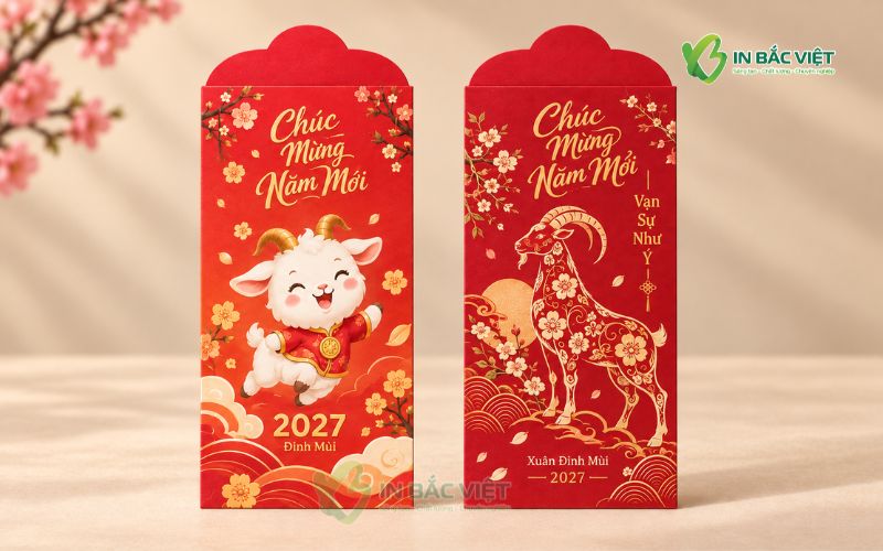 Mẫu phong bao lì xì đỏ in hình con dê, biểu tượng năm Đinh Mùi 2027