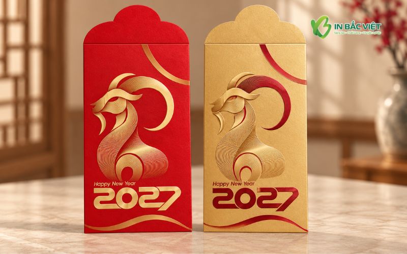 Hai mẫu bao lì xì dập nổi Xuân Đinh Mùi 2027 màu đỏ và vàng