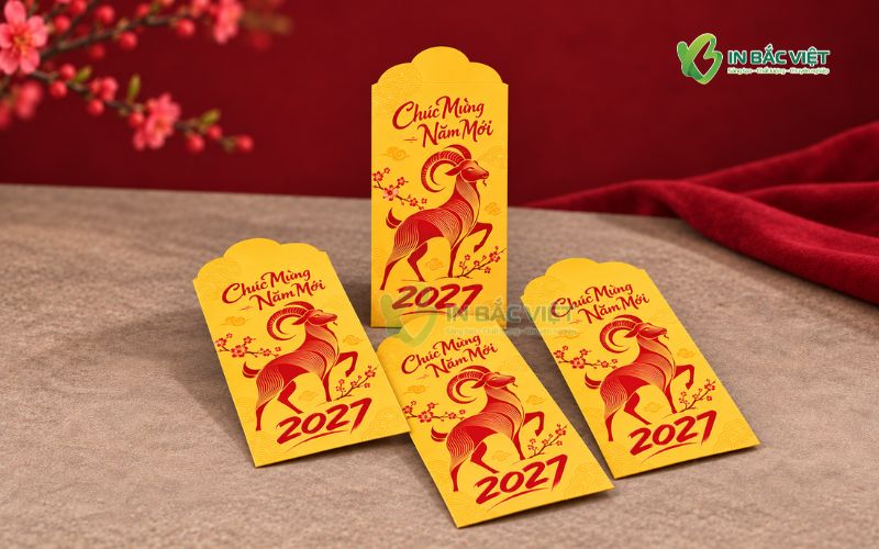 Mẫu bao lì xì màu vàng in hình con dê cách điệu cho Tết 2027