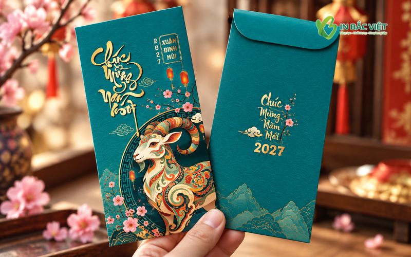 Mẫu bao lì xì Tết Đinh Mùi 2027 màu xanh hình con dê