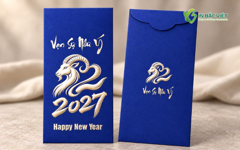 Mẫu lì xì Tết 2027 màu xanh dương in hình con dê