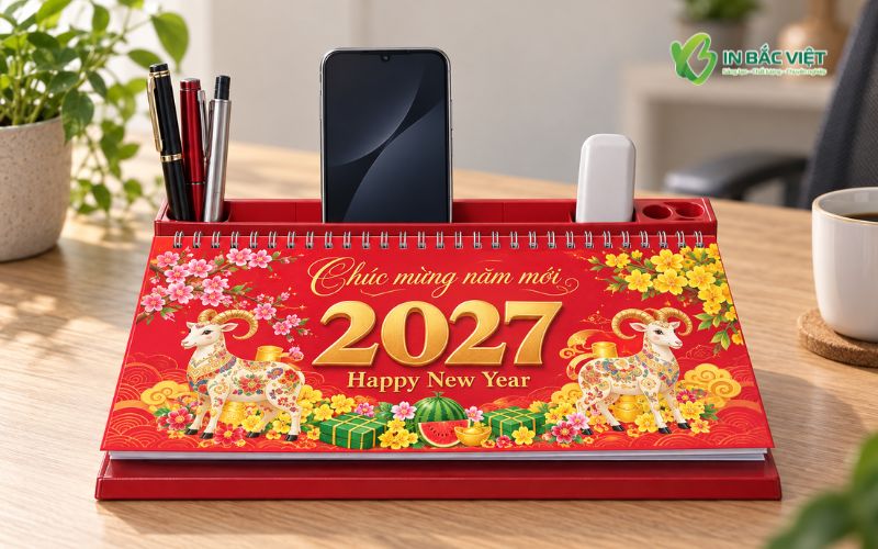 Mẫu lịch bàn đế nhựa lò xo đỉnh 2027 tích hợp khe cắm vật dụng