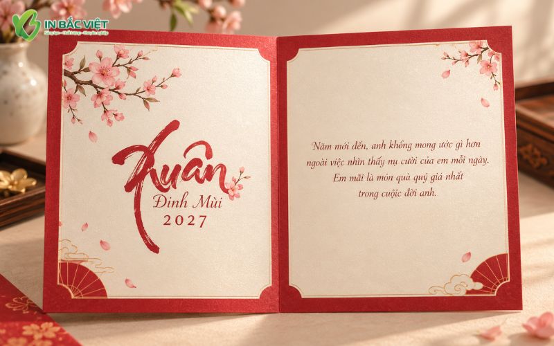 Thiệp gập đôi chúc Tết vợ từ chồng Xuân Đinh Mùi 2027