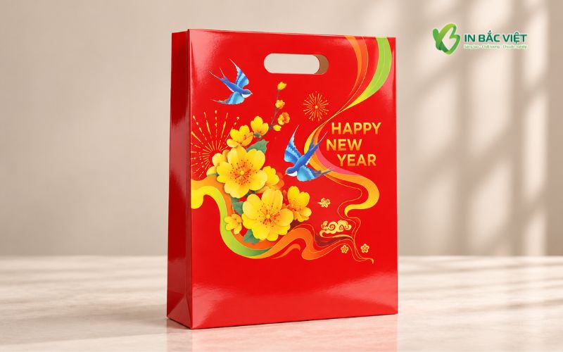 Mẫu túi giấy quai đục lỗ đựng lịch Tết màu đỏ, họa tiết hoa mai vàng và chim én