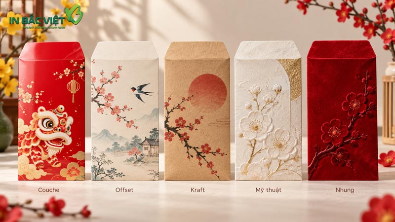 Các loại giấy in bao lì xì Couche, Offset, Kraft, giấy mỹ thuật và giấy nhung