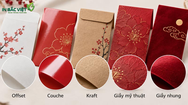 Các chất liệu giấy in bao lì xì Offset, Couche, Kraft, giấy mỹ thuật và giấy nhung