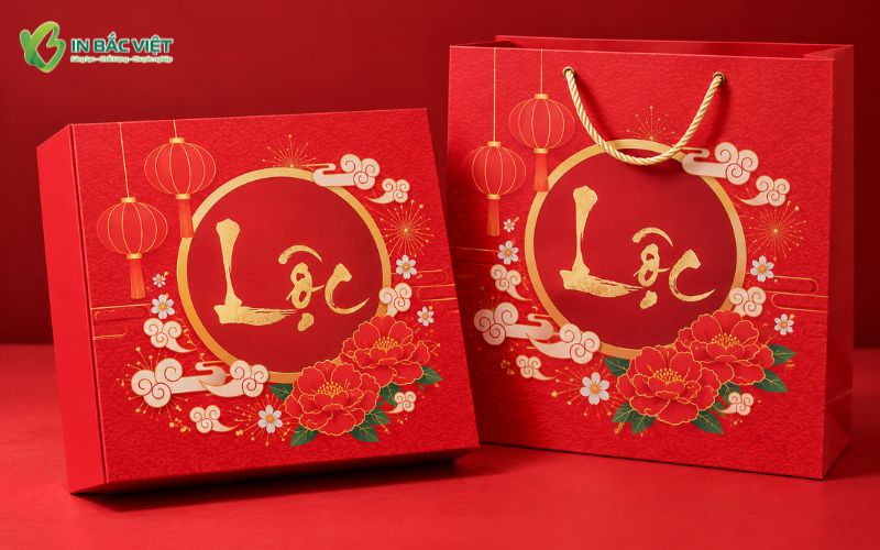 Combo túi giấy và hộp giấy đựng quà Tết đồng bộ với thiết kế màu đỏ nổi bật