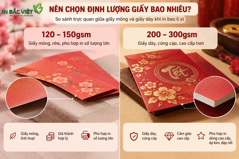 o sánh định lượng giấy in bao lì xì 120–150gsm và 200–300gsm