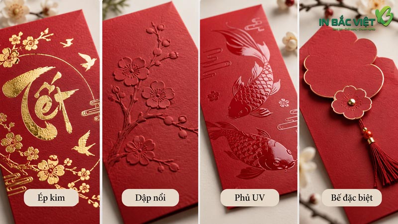 Gia công bao lì xì ép kim, dập nổi, phủ UV và bế đặc biệt