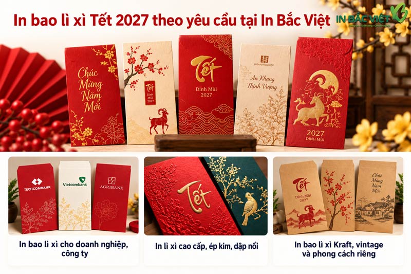 Các mẫu bao lì xì Tết 2027 dành cho doanh nghiệp, gồm mẫu ép kim và giấy Kraft
