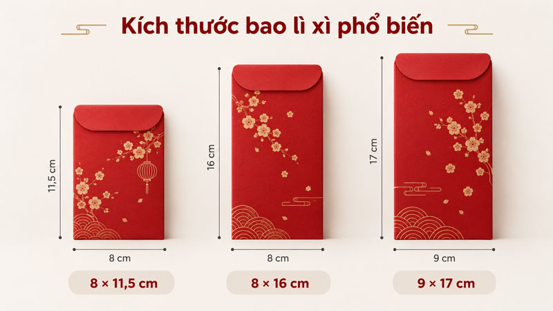 So sánh kích thước bao lì xì 8 × 11,5 cm, 8 × 16 cm và 9 × 17 cm