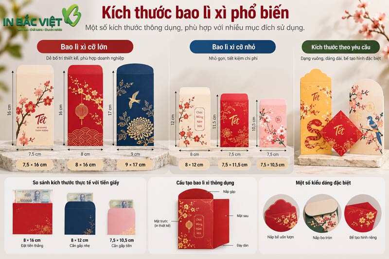 Hình minh họa các kích thước bao lì xì phổ biến dùng trong thiết kế và in ấn