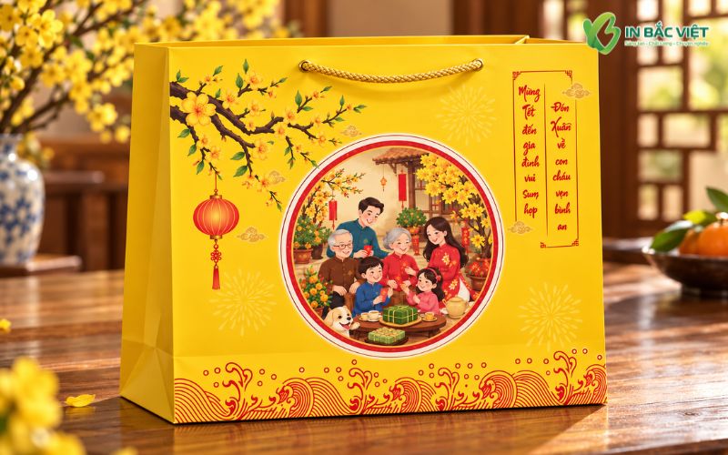 Túi giấy đựng quà Tết màu vàng phong cách truyền thống