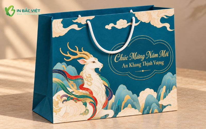 Mẫu túi giấy quà Tết Xuân Đinh Mùi 2027 thiết kế ấn tượng với hình linh vật dê và gam màu xanh nổi bật