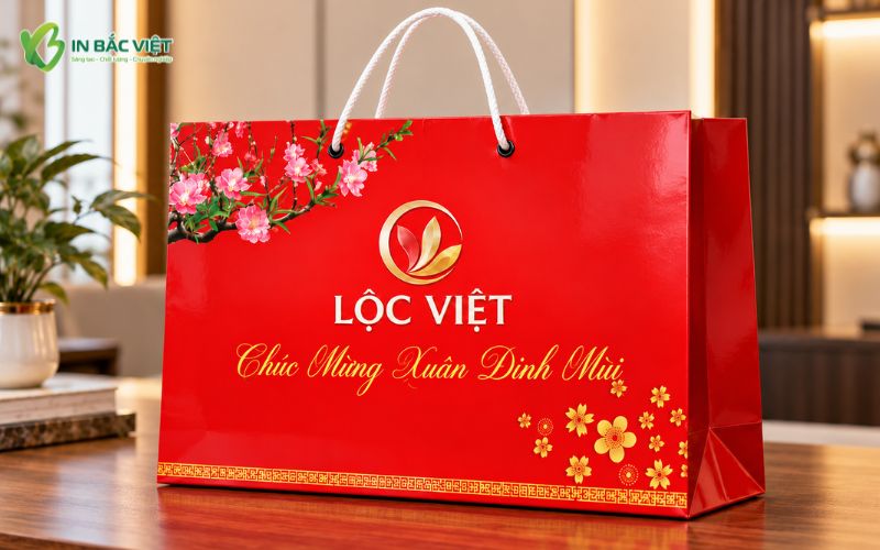 Mẫu túi giấy Tết cán bóng tạo hiệu ứng bóng sáng, in logo doanh nghiệp, phù hợp đựng quà tặng Tết