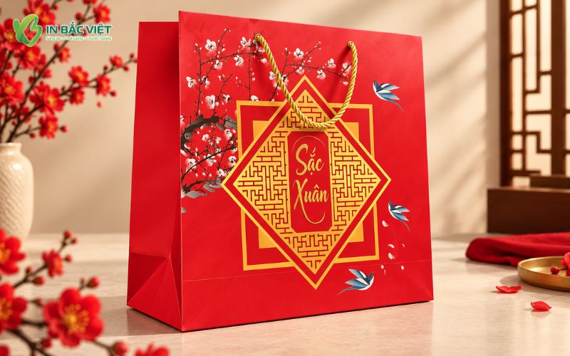 Mẫu túi giấy Tết màu đỏ với quai xách đẹp, thiết kế nổi bật dành cho doanh nghiệp