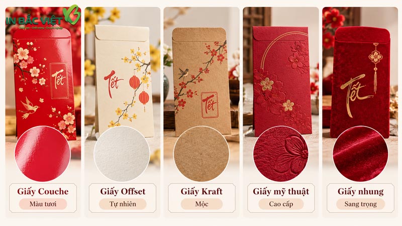 So sánh các loại giấy in bao lì xì Couche, Offset, Kraft, giấy mỹ thuật và giấy nhung
